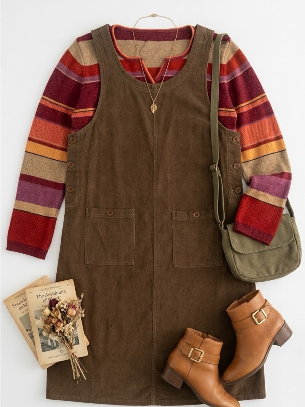 2-Piece Outfit Set: Sigrid Olsen Knit Sweater & Corduroy Pinafore Dress
